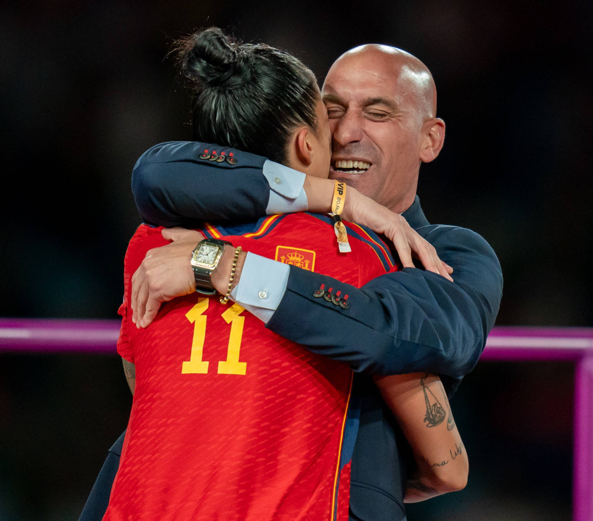 RFEF president Luis Rubiales pictured hugging Jenni Hermoso before he kissed her on the mouth following Spain's victory over England in the 2023 FIFA Women's World Cup final