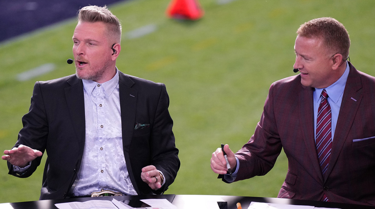 Pat McAfee, Kirb Herbstreit on the set of ESPN’s College GameDay.