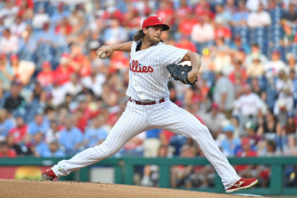 Philadelphia Phillies starting pitcher Aaron Nola throws a pitch during the first inning against the SF Giants at Citizens Bank Park on August 21, 2023.