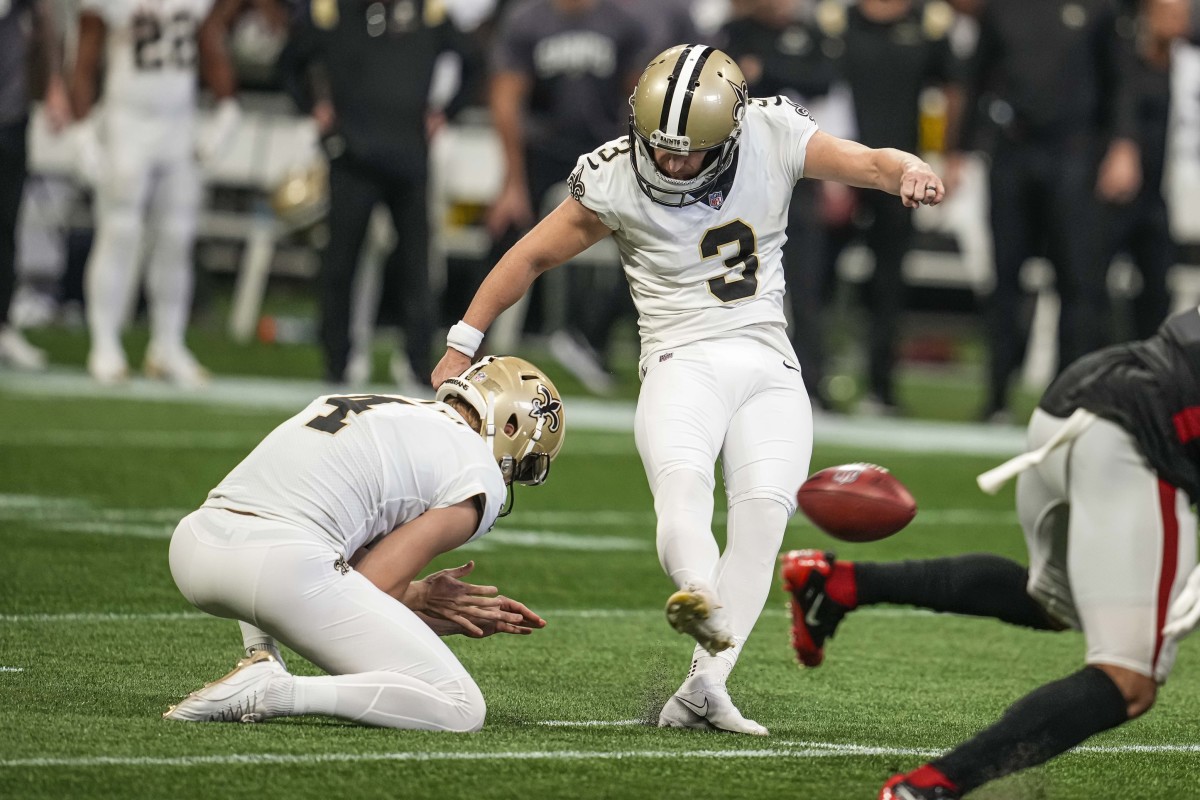 Sep 11, 2022; New Orleans Saints place kicker Wil Lutz (3) kicks the go ahead field goal against the Atlanta Falcons. Mandatory Credit: Dale Zanine-USA TODAY