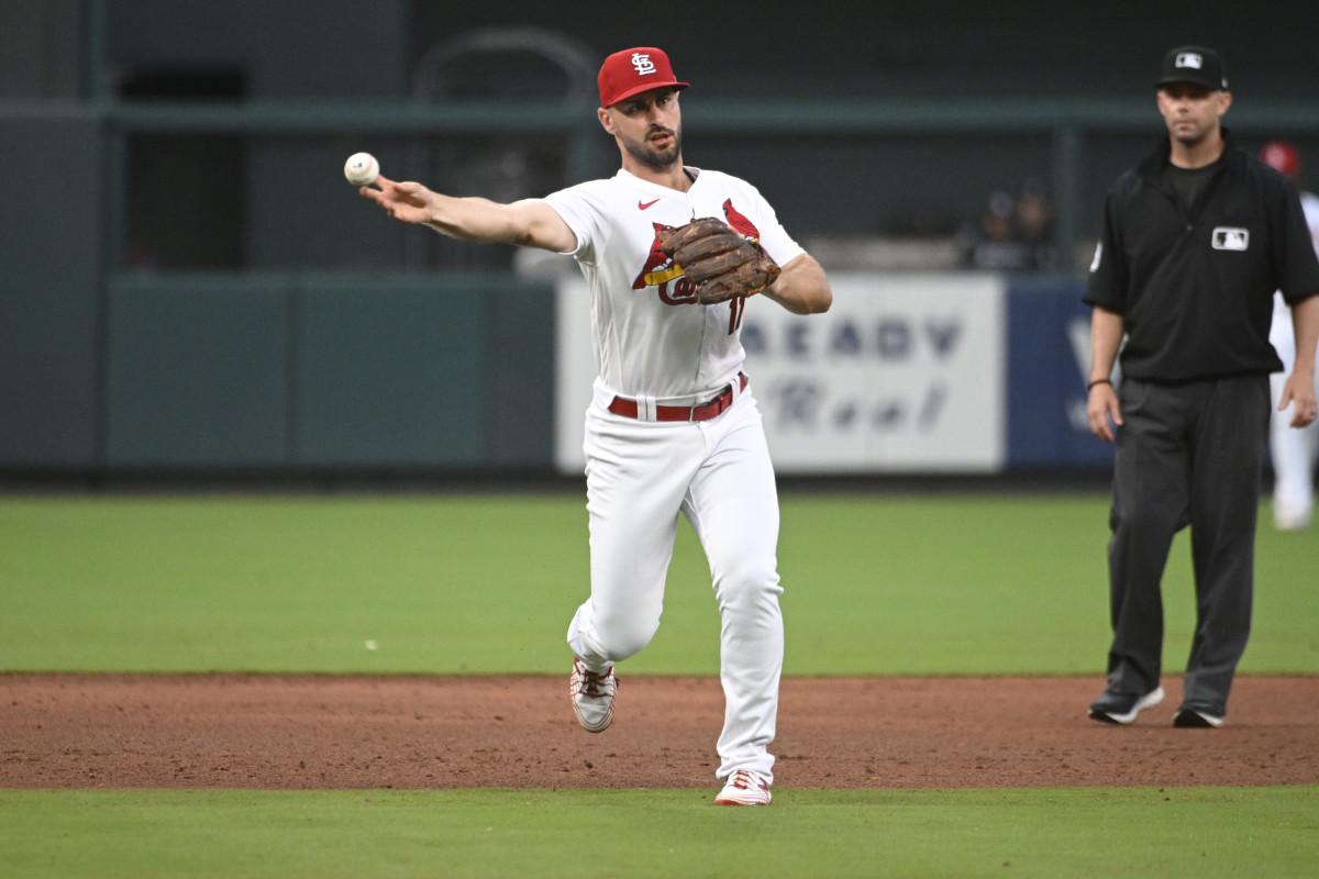 St. Louis Cardinals shortstop Paul DeJong throws to first for an out against the New York Yankees in the second inning in game two of a doubleheader at Busch Stadium. (2023)