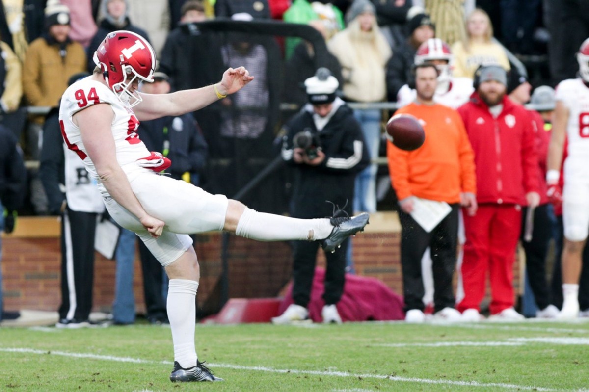 Indiana punter James Evans (94) punts during the second quarter against Purdue on Saturday, Nov. 27, 2021 at Ross-Ade Stadium in West Lafayette.