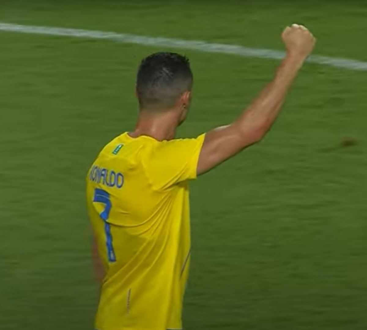 Al Nassr captain Cristiano Ronaldo pictured celebrating after his team beat Dubai's Shabab Al-Ahli 4-2 in the play-off round of the 2023/24 AFC Champions League