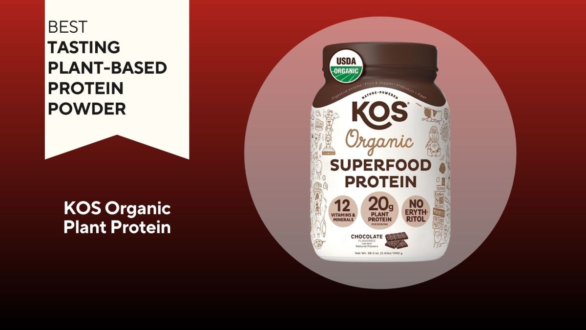 A white and brown labeled container of kos organic superfood protein our pick for the best tasting plant-based protein powder