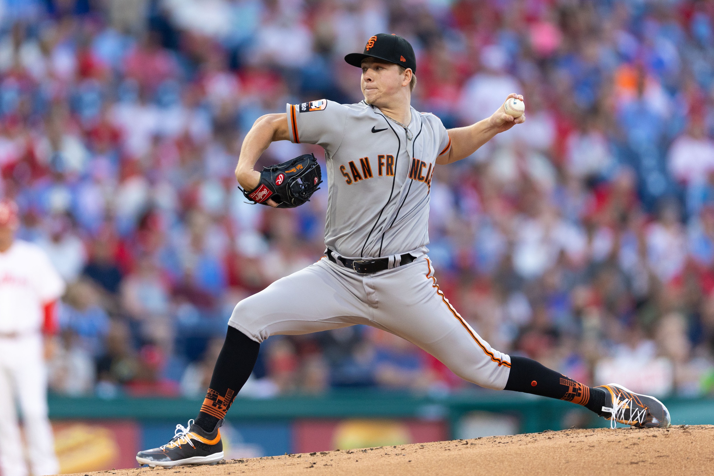 SF Giants starting pitcher Kyle Harrison (45) throws a pitch during his debut against the Philadelphia Phillies (2023).