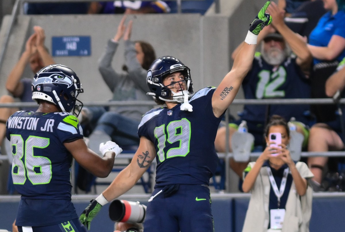 Seattle Seahawks wide receiver Jake Bobo (19) celebrates after scoring a touchdown against the Minnesota Vikings during the second half at Lumen Field.
