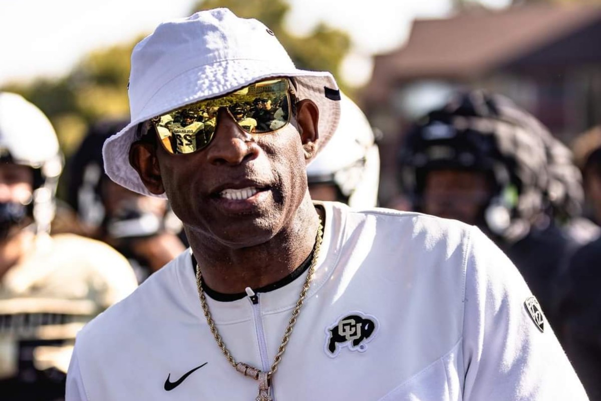 Deion Sanders talking to his players at Colorado's Fall Camp
