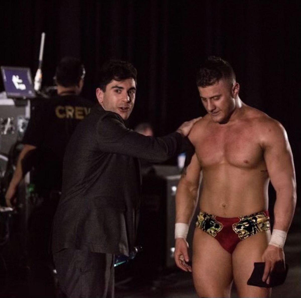 Tony Khan and MJF before AEW's first-ever match at Double or Nothing in 2019 (Courtesy AEW)