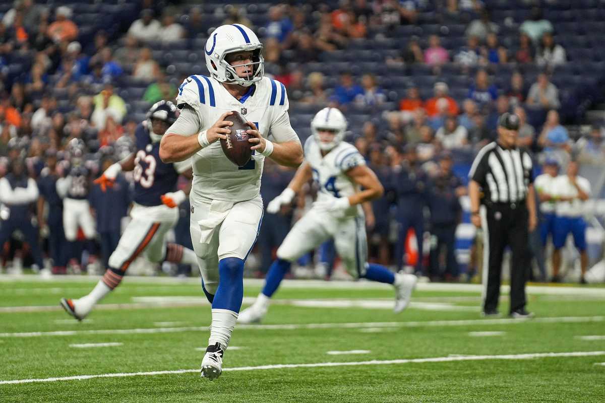 Indianapolis Colts quarterback Sam Ehlinger (4) looks for an open receiver during the second half of an NFL preseason game against Chicago on Saturday, Aug. 19, 2023, at Lucas Oil Stadium in Indianapolis. The Colts won, 24-17.