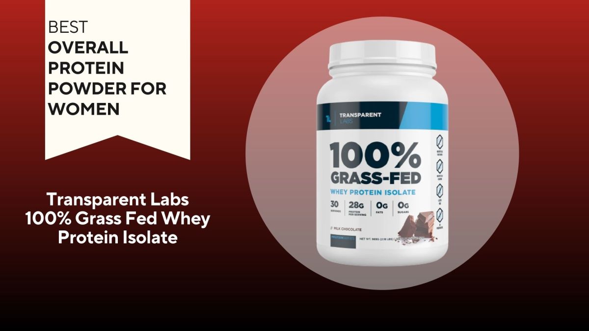 Transparent labs grass fed whey protein chocolate in white canister with blue text on red background