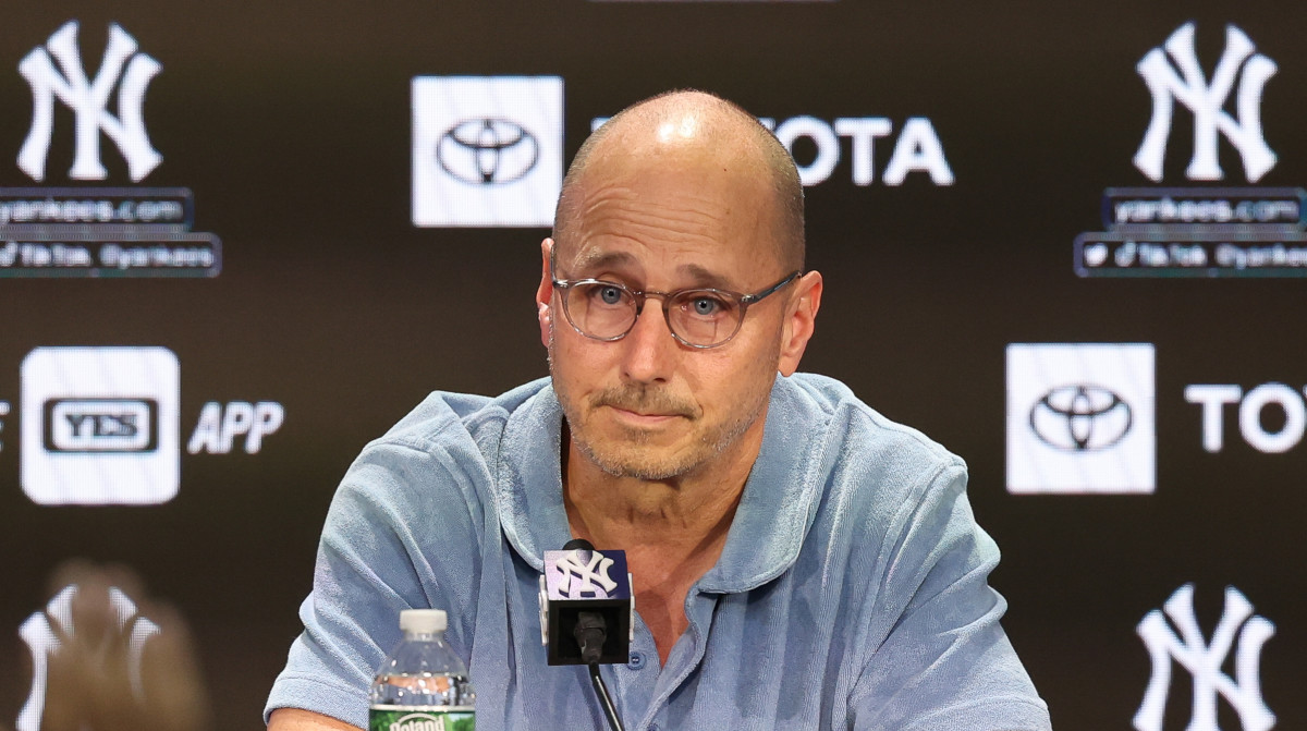New York Yankees general manager Brian Cashman talks with the media on Aug. 23, 2023 amid team’s nine-game losing streak