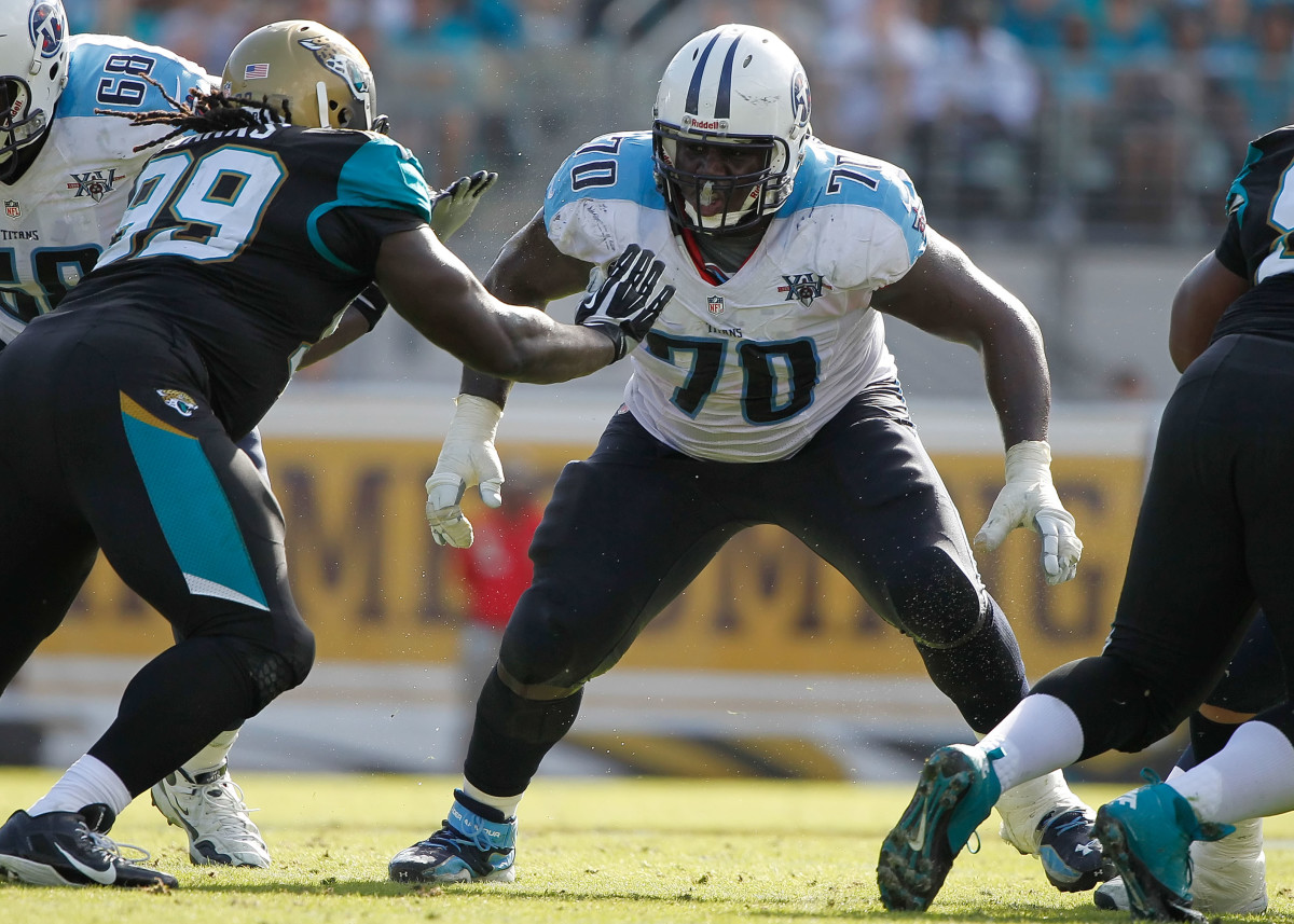 Tennessee Titans offensive guard Chance Warmack (70) blocks against the Jacksonville Jaguars during the first half at EverBank Field in 2013.