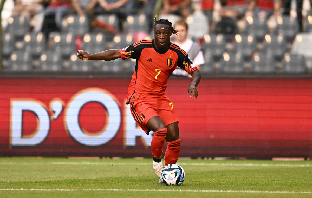 Jeremy Doku pictured playing for Belgium in June 2023