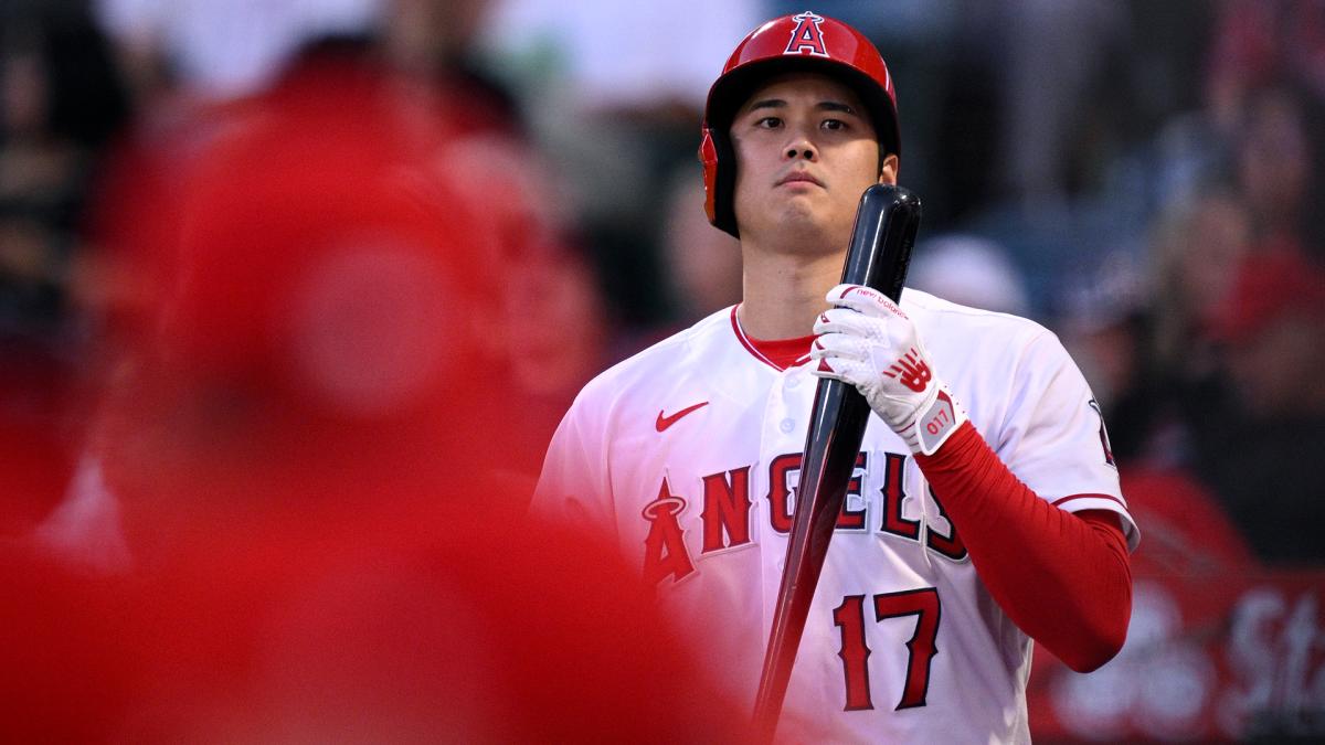 Shohei Ohtani waits from the on-deck circle at Angel Stadium