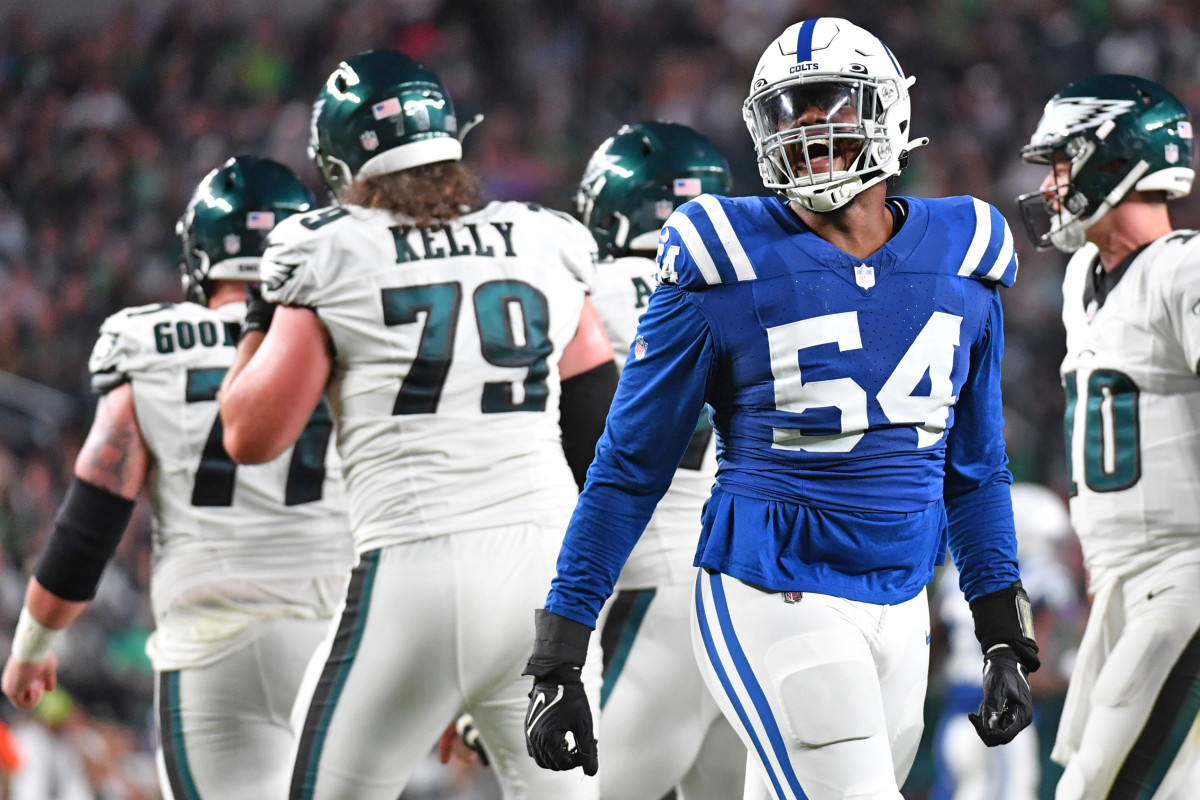 Aug 24, 2023; Philadelphia, Pennsylvania, USA; Indianapolis Colts defensive end Dayo Odeyingbo (54) reacts after making a sack \a\e during the second quarter at Lincoln Financial Field.