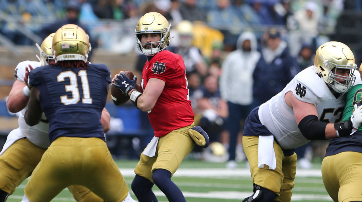 Notre Dame quarterback Sam Hartman drops back to pass during the spring game.