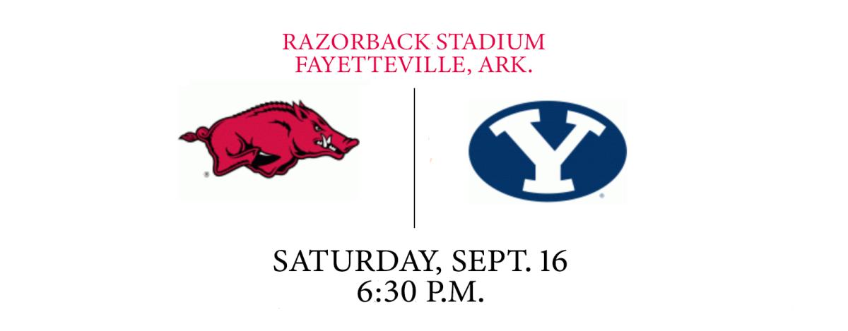 A graphic showing the Arkansas and BYU logo with the game's location, date and time.