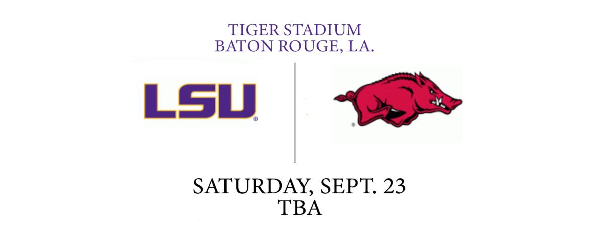 A graphic showing the Arkansas and LSU logo with the game's location, date and time.