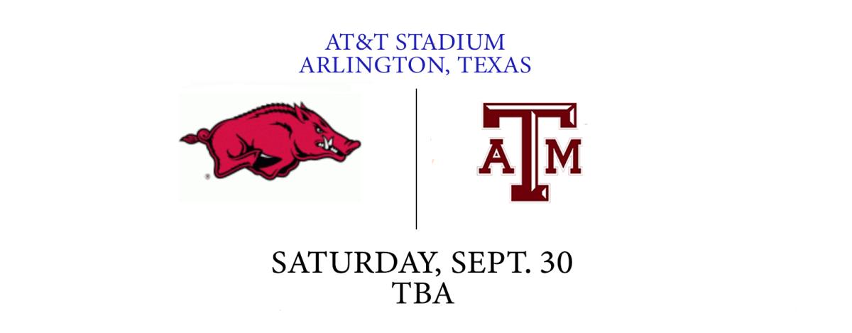 A graphic showing the Arkansas and Texas A&M logo with the game's location, date and time.