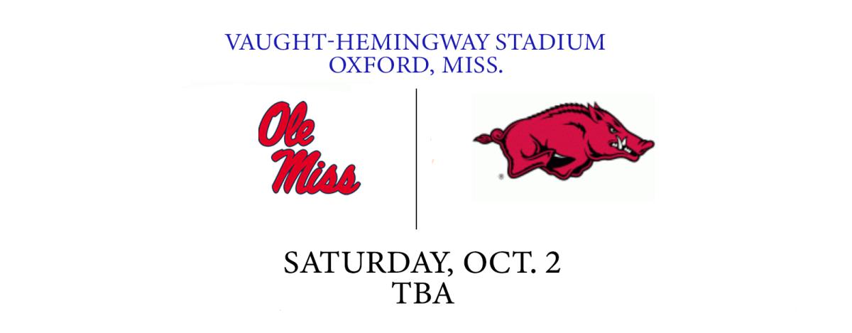 A graphic showing the Arkansas and Ole Miss logo with the game's location, date and time.