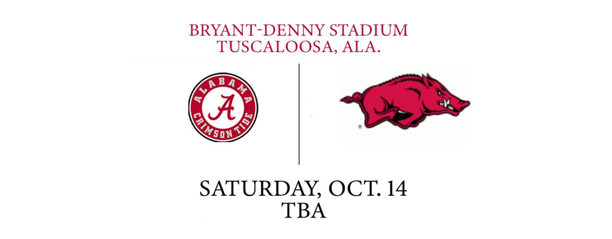 A graphic showing the Arkansas and Alabama logo with the game's location, date and time.