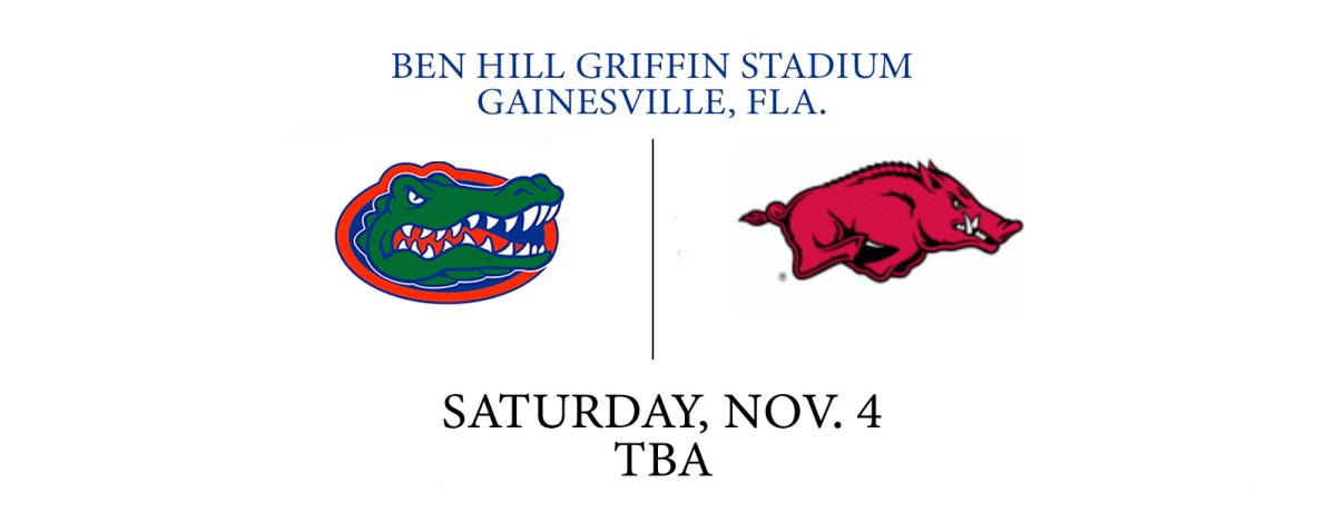A graphic showing the Arkansas and Florida logo with the game's location, date and time.