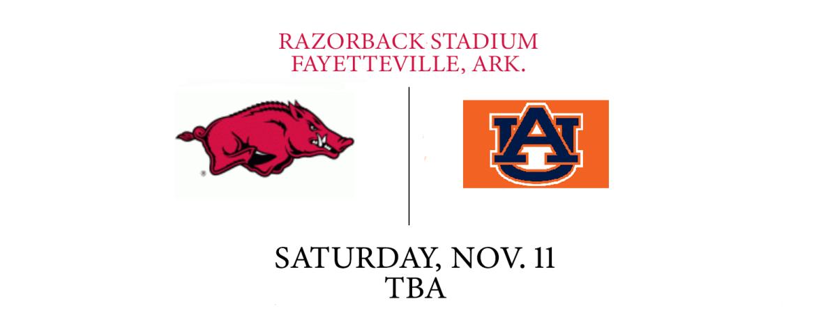 A graphic showing the Arkansas and Auburn logo with the game's location, date and time.