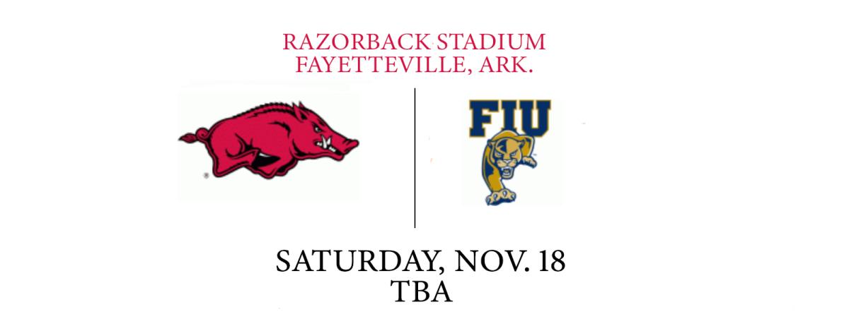 A graphic showing the Arkansas and Florida International logo with the game's location, date and time.