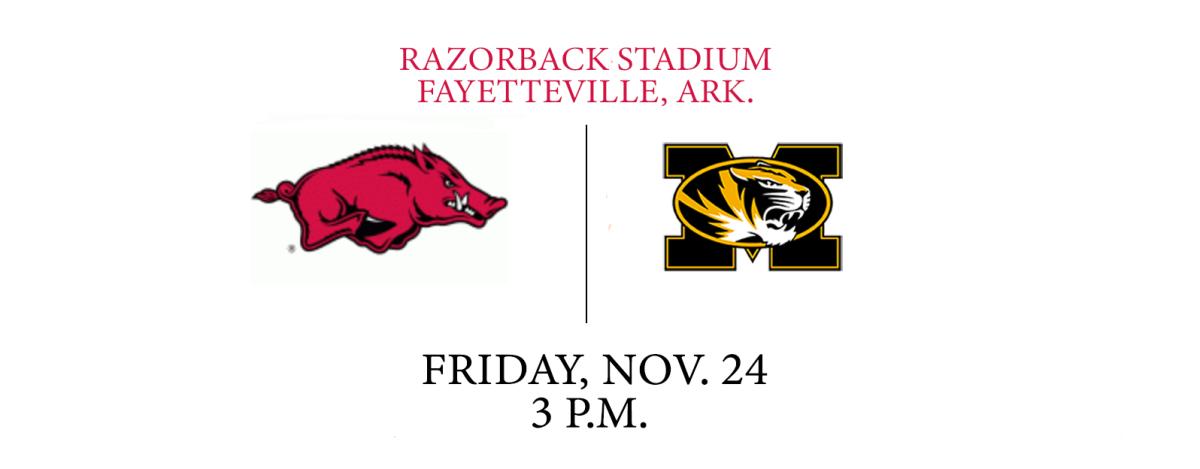 A graphic showing the Arkansas and Missouri logo with the game's location, date and time.