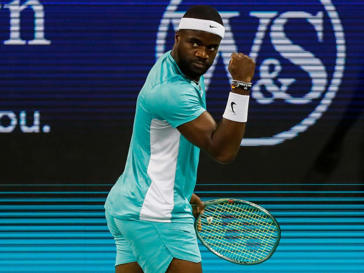 France Tiafoe pumps his fist after a point against Stan Wawrinka during the Western and Southern Open tennis tournament.