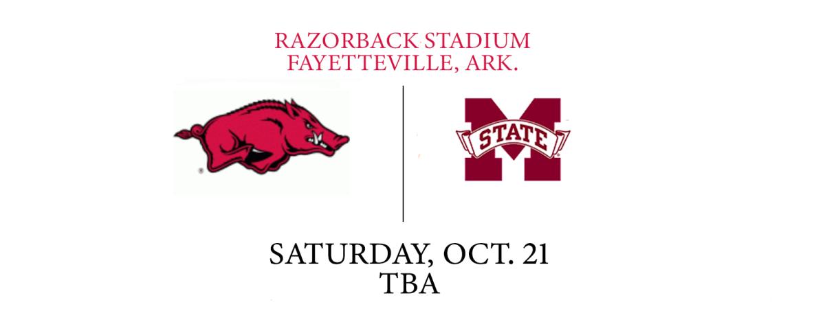 A graphic showing the Arkansas and Mississippi State logo with the game's location, date and time.