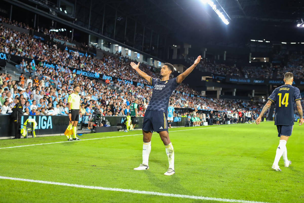 Jude Bellingham pictured celebrating after scoring Real Madrid's winning goal in a 1-0 victory at Celta Vigo in August 2023