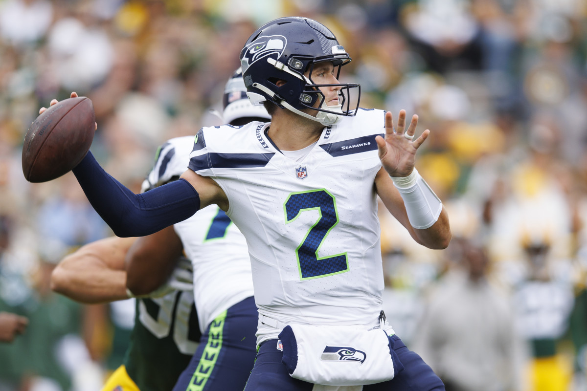 Seattle Seahawks quarterback Drew Lock (2) throws a pass during the first quarter against the Green Bay Packers at Lambeau Field.