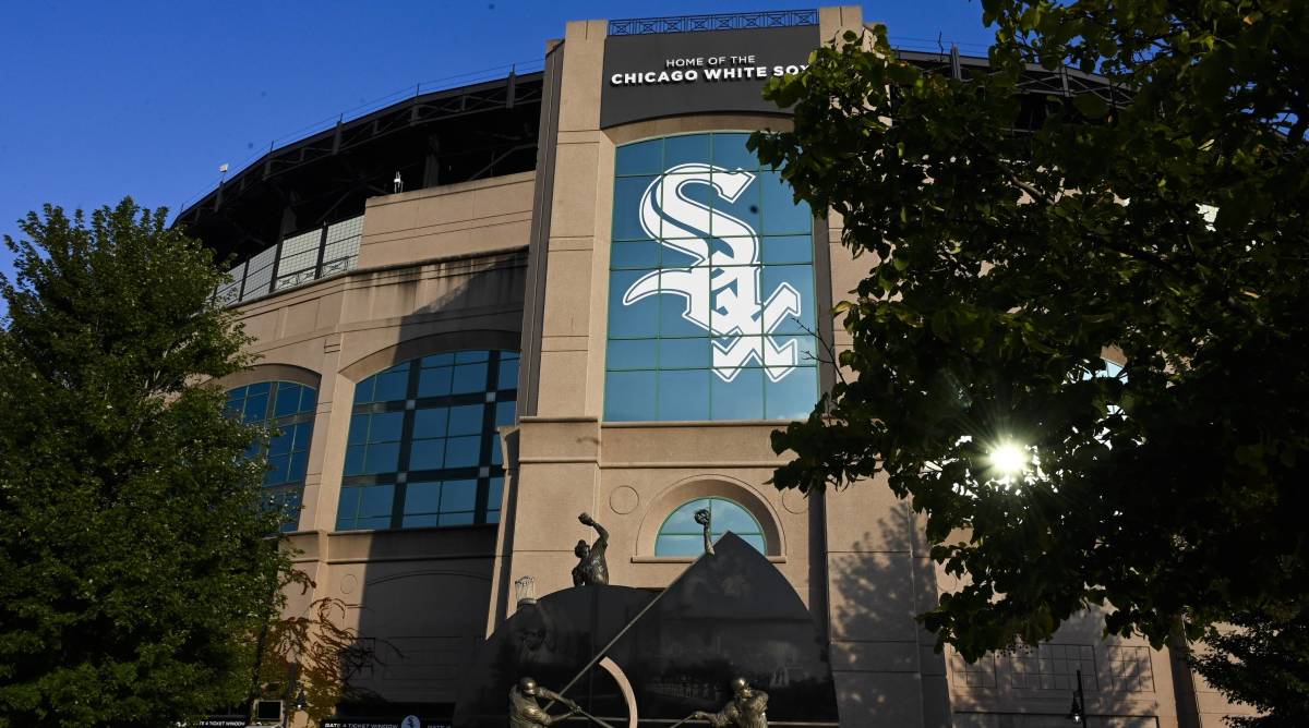 A White Sox logo painted on the front of Guaranteed Rate Field.