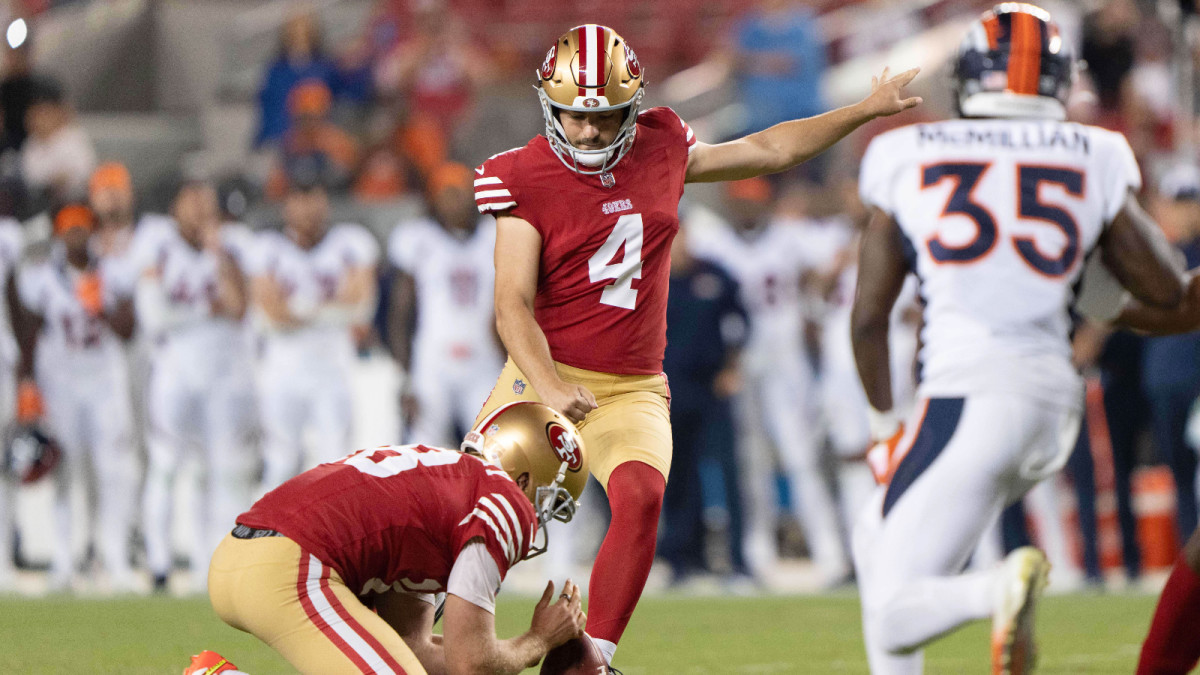 Aug 19, 2023; Santa Clara, California, USA; San Francisco 49ers place kicker Jake Moody (4) attempts to kick the winning field goal during the fourth quarter against the Denver Broncos at Levi’s Stadium.