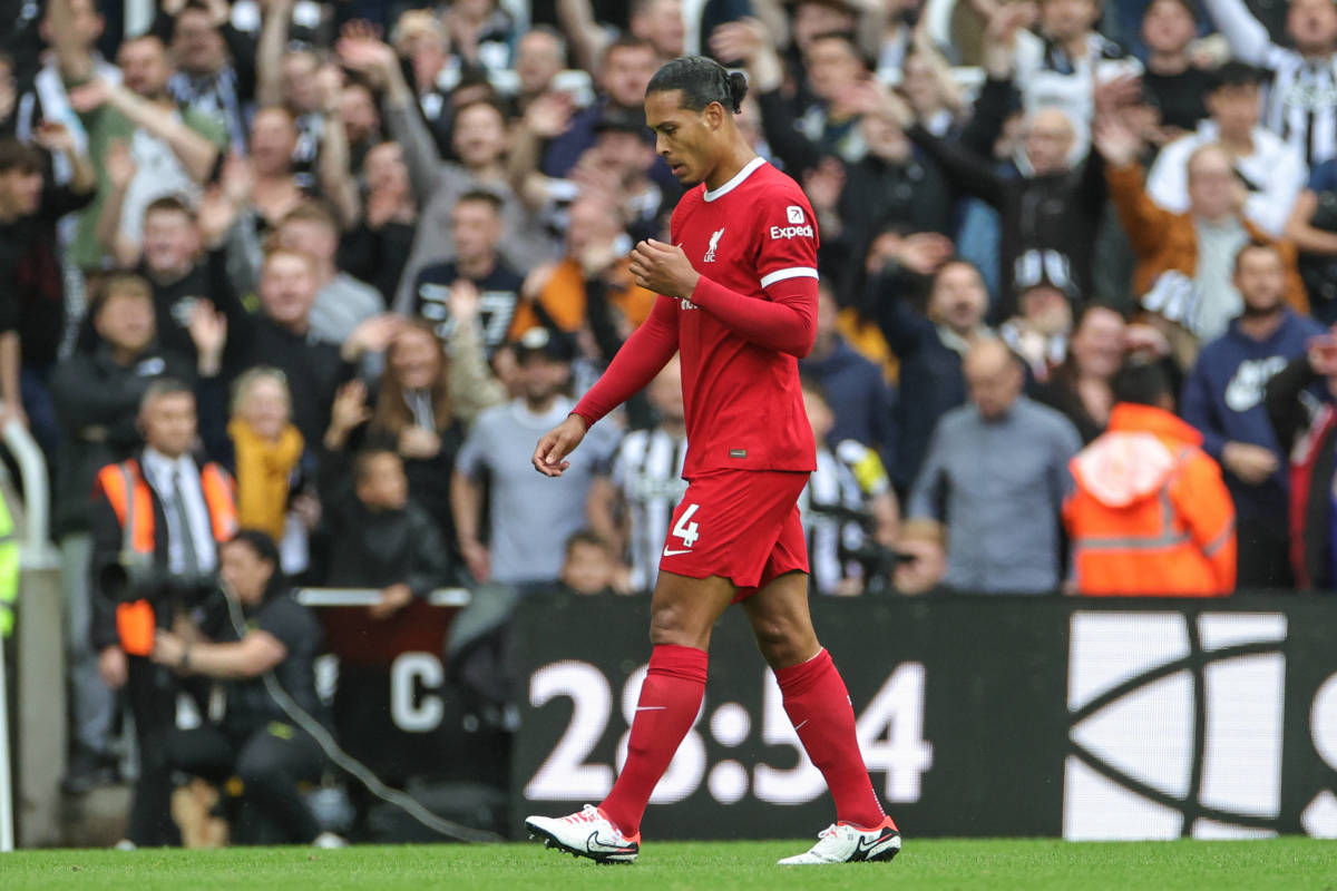 Liverpool captain Virgil van Dijk pictured leaving the field after being sent off against Newcastle in August 2023