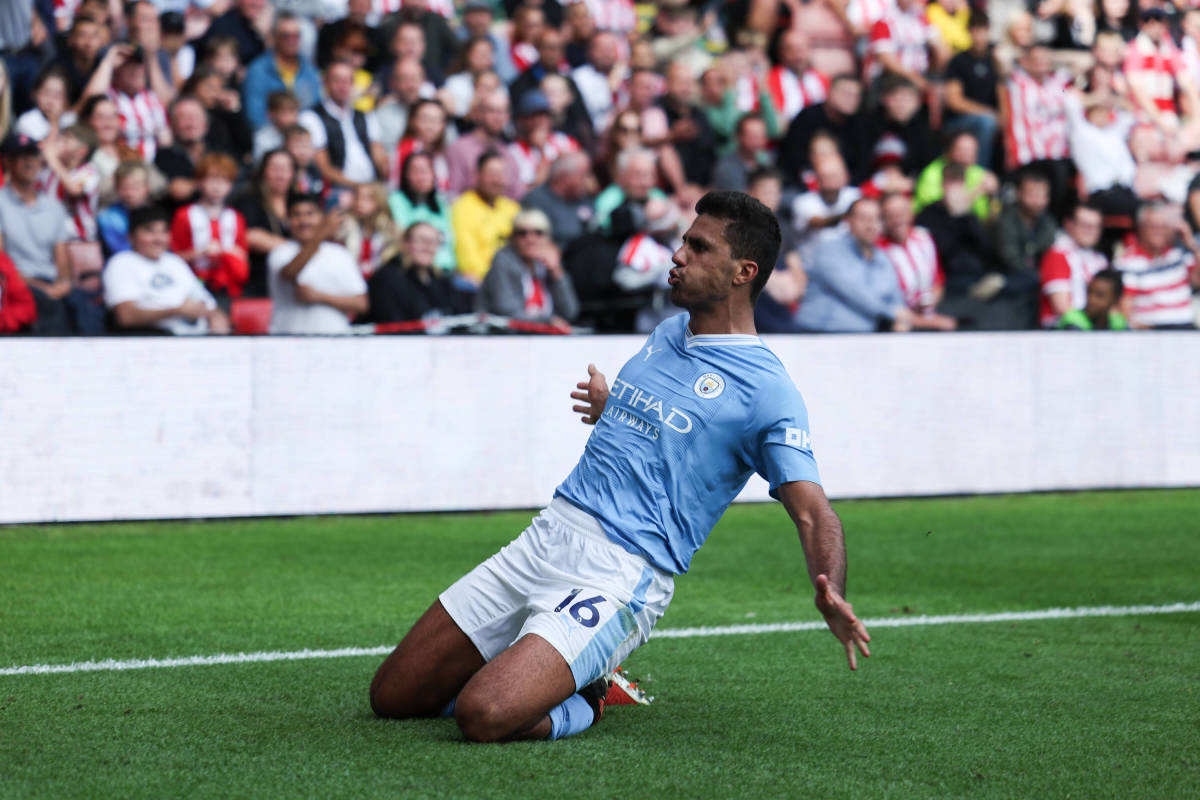 Rodri pictured celebrating after scoring Manchester City's winning goal in a 2-1 victory at Sheffield United in August 2023