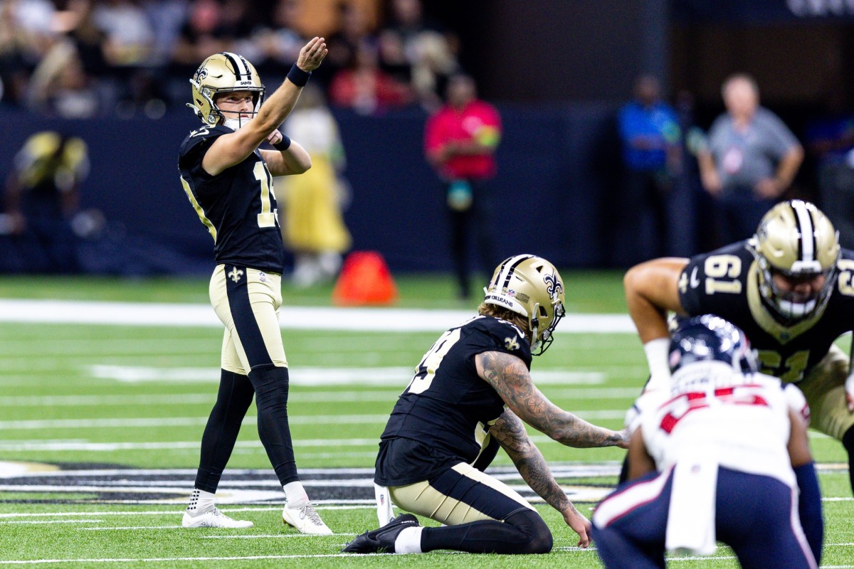 New Orleans Saints place kicker Blake Grupe (19) lines up a field goal attempt against the Houston Texans. Mandatory Credit: Stephen Lew-USA TODAY