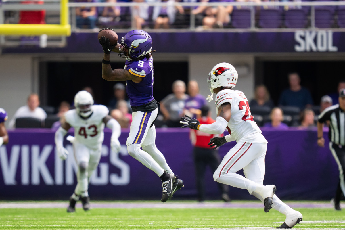 Aug 26, 2023; Minneapolis, Minnesota, USA; Minnesota Vikings wide receiver Trishton Jackson (9) catches a pass against the Arizona Cardinals in the second quarter at U.S. Bank Stadium.