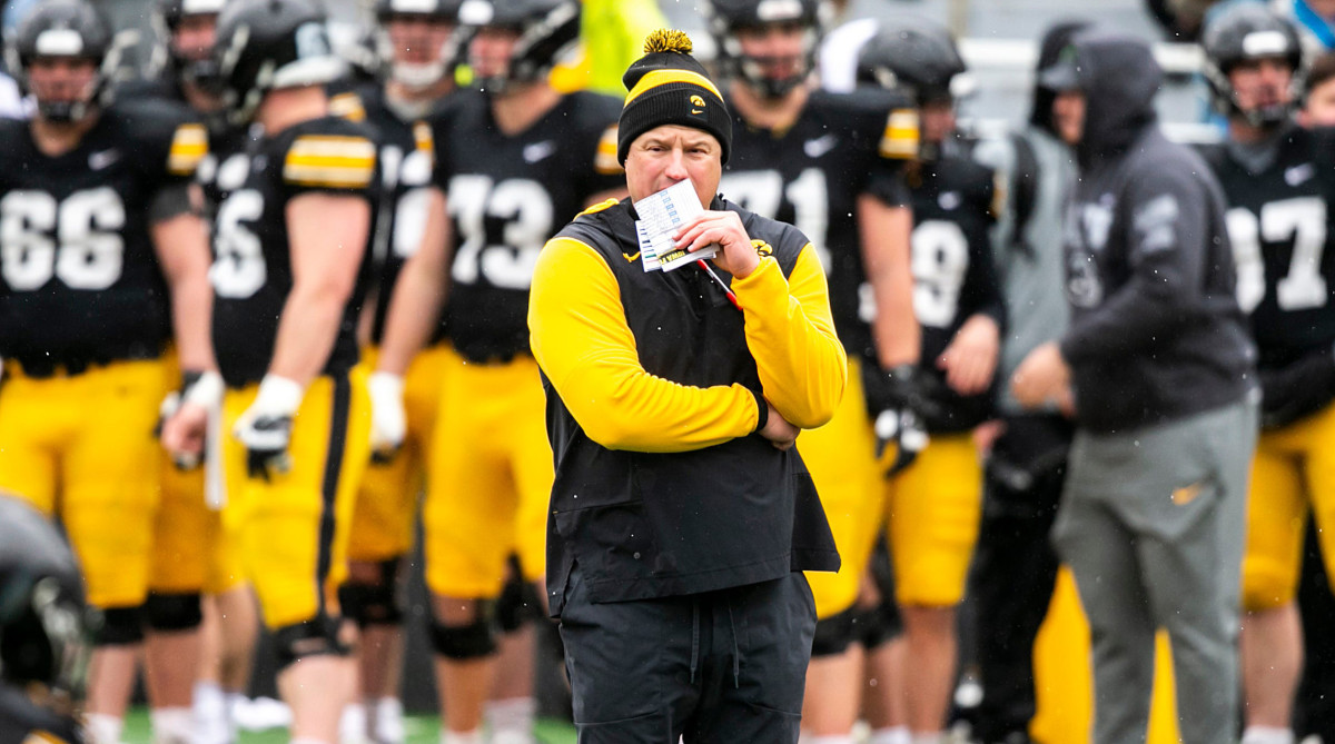 Iowa offensive coordinator Brian Ferentz watches from the sideline.