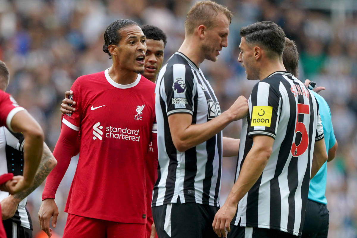 Virgil van Dijk pictured (left) shouting at referee John Brooks after being sent off during Liverpool's 2-1 win at Newcastle in August 2023