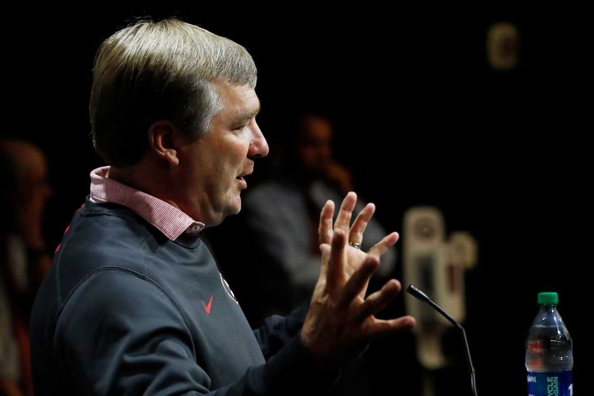 Georgia coach Kirby Smart speaks to the media on the eve of the start of fall football camp in Athens, Ga., on Wednesday, Aug. 2, 2023.