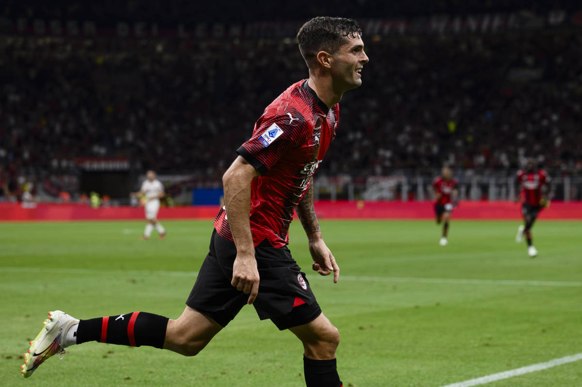 Christian Pulisic pictured celebrating after scoring on his home debut for AC Milan in a 4-1 win over Torino in August 2023