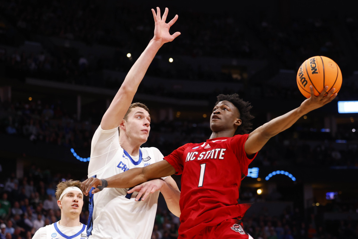 NC State G Jarkel Joiner going up for a layup against Creighton in the NCAA Tournament on March 17th, 2023, in Denver, Colorado. (Photo by Michael Ciaglo of USA Today Sports)