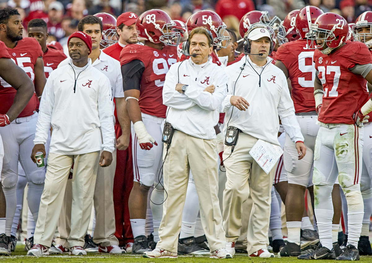Alabama’s Nick Saban looks on from the sidelines