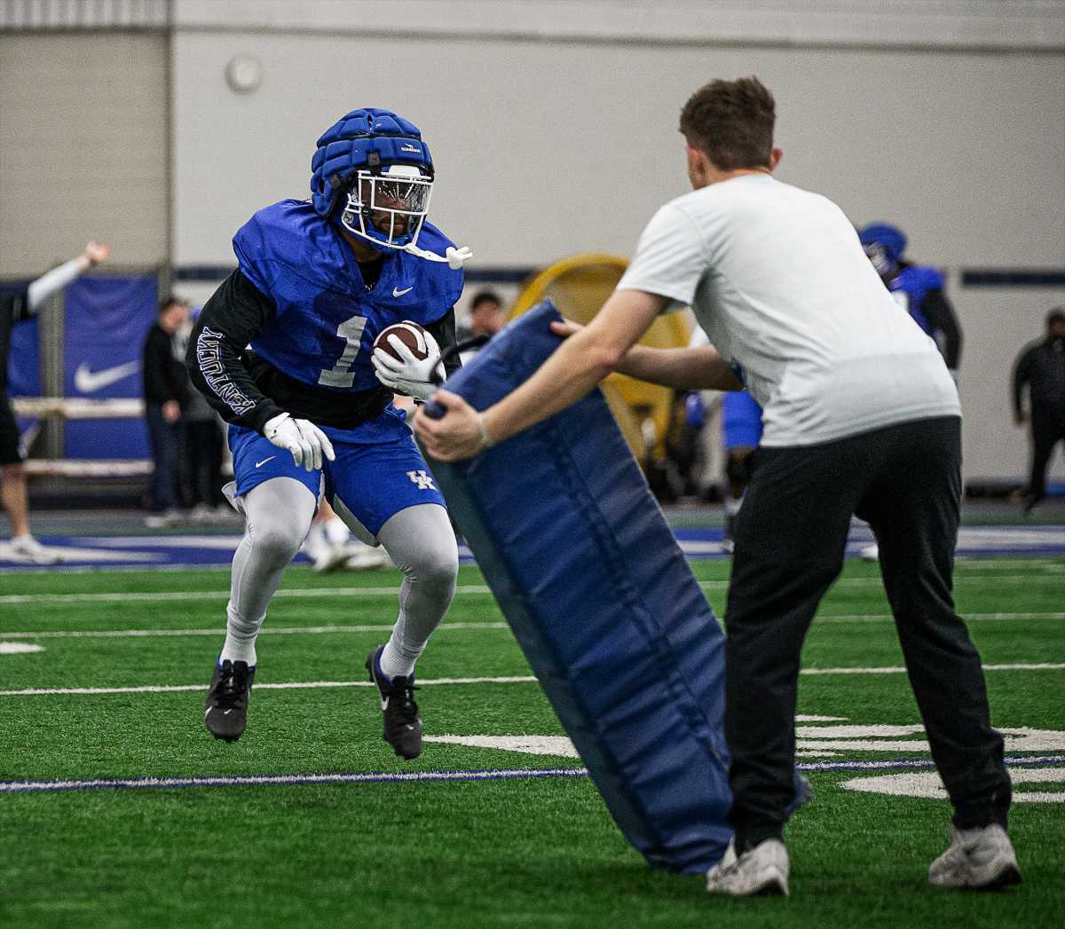 Kentucky running back Ray Davis (1) ran drills as the Wildcats practiced at the Joe Craft Football Training Facility on Tuesday morning in Lexington, Ky. Mar. 21, 2023 Jf Uk Spring Practice Aj4t0048
