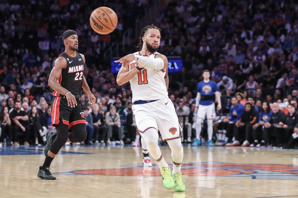 May 10, 2023; New York, New York, USA; New York Knicks guard Jalen Brunson (11) makes a pass during game five of the 2023 NBA playoffs against the Miami Heat at Madison Square Garden. Mandatory Credit: Wendell Cruz-USA TODAY Sports