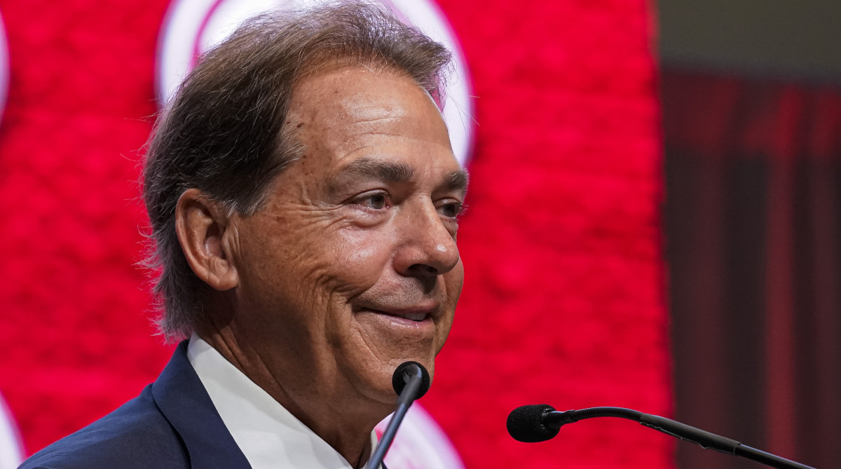 Alabama coach Nick Saban smiles during a press conference