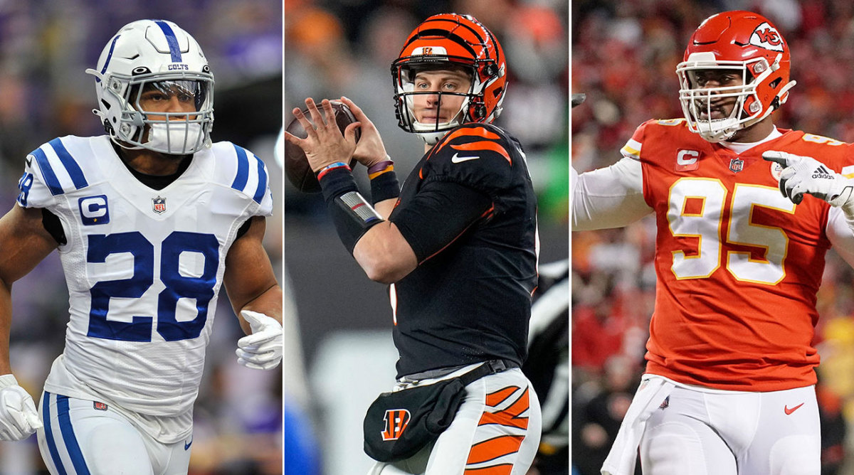 Separate photos of Jonathan Taylor, Joe Burrow and Chris Jones