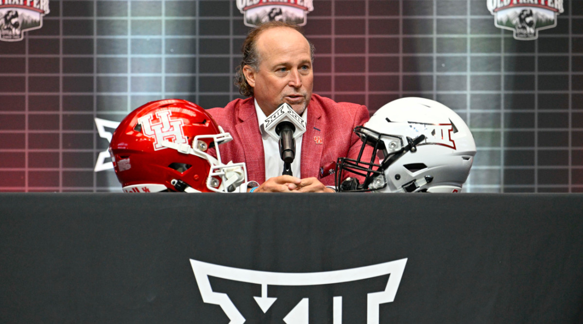 Houston football coach Dana Holgorsen speaks during a press conference at Big 12 football media day at AT&T Stadium ahead of the team’s first year in the league.